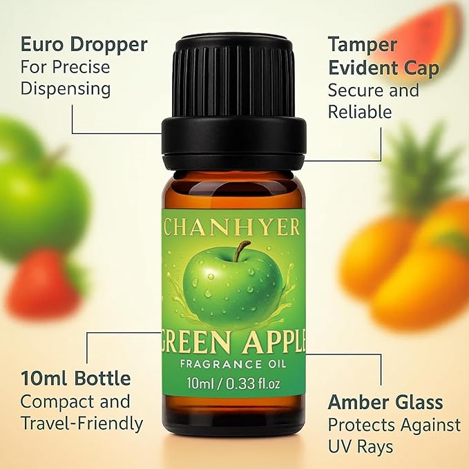 Fruity Essential Oils Set-6 x 10ml-Green Apple,Watermelon,Strawberry,Pineapple,Blood Orange,Mango,Sweet Aromatherapy Oils for Diffuser,Humidifier,Candle & Soap Making