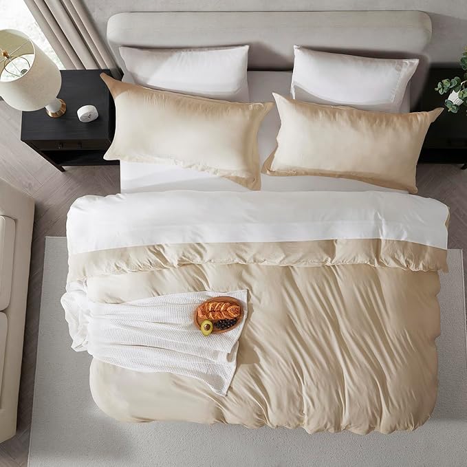 Nestl Beige Cream Duvet Cover Queen Size - Soft Double Brushed Queen Duvet Cover Set, 3 Piece, with Zipper Closure, 1 Duvet Cover 90x90 inches and 2 Pillow Shams