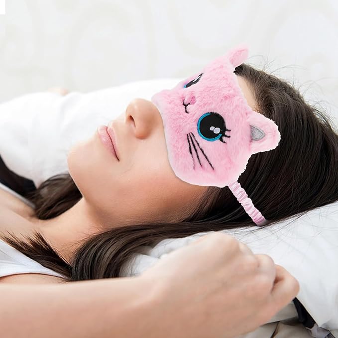 2 Pcs Plush Eye Mask Soft Sleeping Blindfold Eye Cover Comfortable Cute Animal Sleeping Mask Satin Nap Night Eyeshade Cover for Women Men Gift (Pink Muliticolor Cat Style)