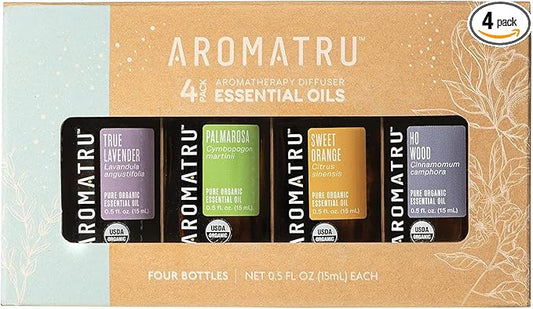 AromaTru Comfort Essential Oil Kit – True Lavender, Palmarosa, Sweet Orange, and Ho Wood – Organic & Wildcrafted – ISO Certified – No Synthetic Fillers – Ethically Sourced