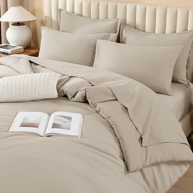 Litanika Twin XL Comforter Set Oatmeal - 5 Pieces Twin Extra Long Bed in a Bag for College Dorm, All Season Bedding Set for Girls and Boys, Soft Bed Set with Comforter, Sheets, Pillowcase & Sham