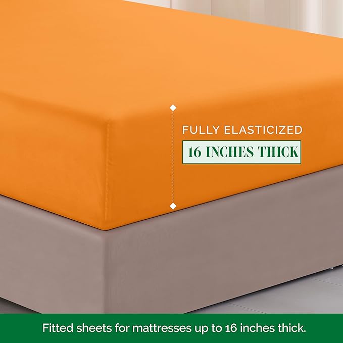 Elegant Comfort Luxurious 1500 Premium Hotel Quality Microfiber Three Line Embroidered Softest 4-Piece Bed Sheet Set, Wrinkle and Fade Resistant, King, Orange