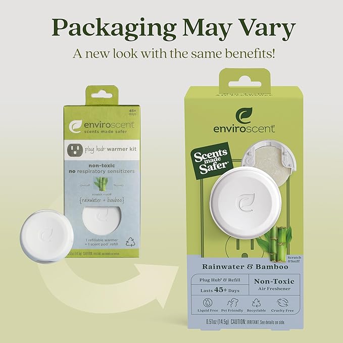 Enviroscent Non-Toxic Air Freshener Plug Hub® Warmer Refillable Kit - Refillable Plug-in Air Freshener - Home Fragrance Lasts Up to 45 Days - Mother’s Day Gift for Mom - Rainwater & Bamboo Scent