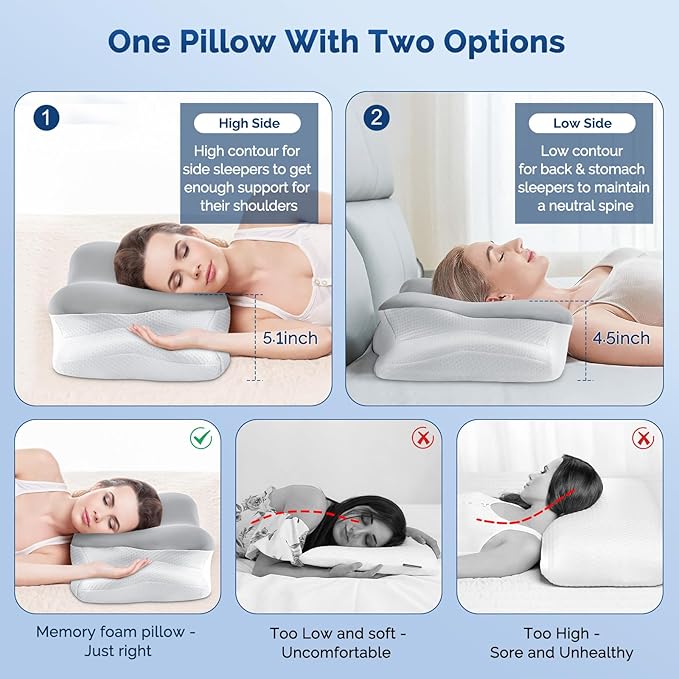 Cervical Neck Pillow, Ergonomic Side Sleeper Pillow for Neck Support, Cooling Memory Foam Pillows for Sleeping, Contour Orthopedic Bed Pillows for Side Back Stomach Sleepers (Grey)