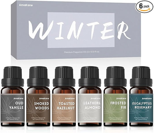 AmaKane Winter Fragrance Oil, Holiday Diffuser Oil Scents, Candle Scents for Candle Making, Soap Making Scents, Oud Vanille, Frosted Fir, Leather Almond and More Essential Oils 6x10ml