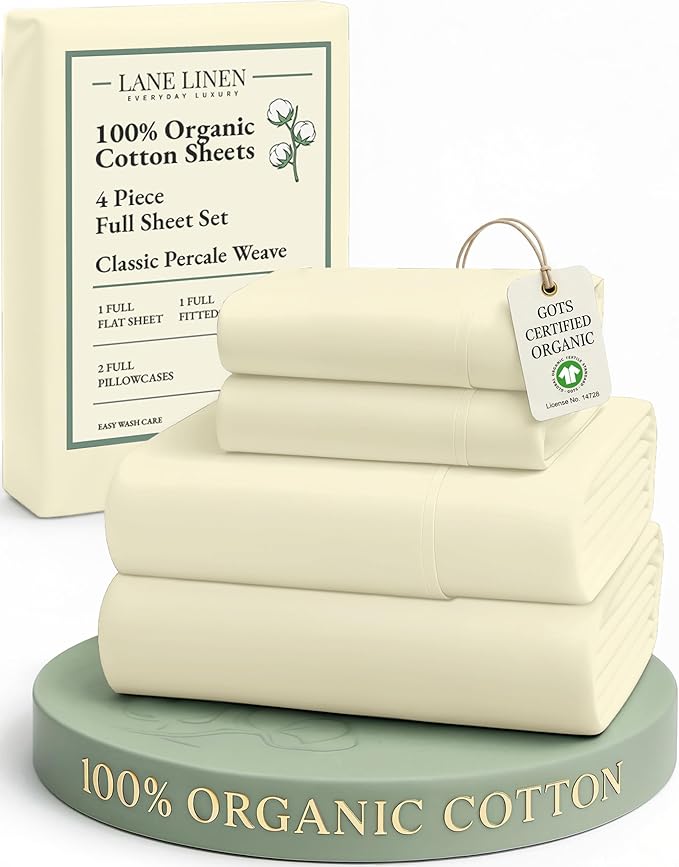 LANE LINEN 100% Organic Cotton Full Size Bed Sheets, Sustainably Produced Okeo Tex Certified Cotton Sheets Full, Luxury Hotel Percale Soft & Comfy Comes in Variety of Colors- Vanilla