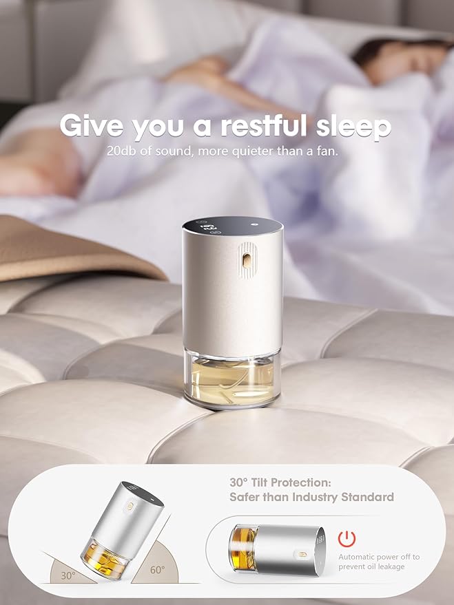 Waterless Essential Oil Diffuser, Rechargeable Aromatherapy Scent Diffusers for Home, Car, Bedroom, Office, 1/2/4/8-Hour Timer, 100ml Capacity, 3 Mist Levels, Silver