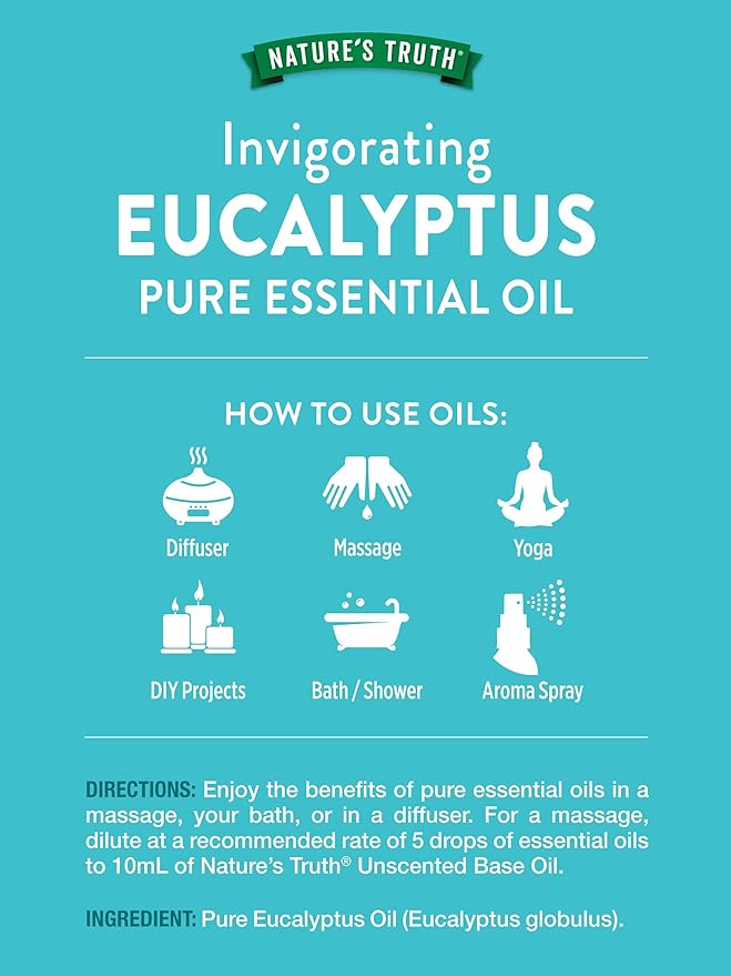 Nature's Truth Eucalyptus Essential Oil | 15 mL | for Diffuser, Aromatherapy, and Massage | Pure Plant Based, Non-GMO & Gluten Free