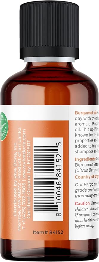 Viva Doria Bergamot Essential Oil, USDA, Certified Organic Bergamot Oil, 100% Pure, Natural Essential Oil, Undiluted, for Aromatherapy | Food Grade, 30 mL (1 Fluid Ounce)