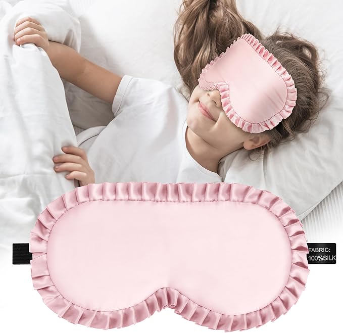 Kids Sleep Mask Eye Cover, 100% Real Mulberry Silk Sleep Mask with Adjustable Strap, Kids Blindfold for Sleeping, Boys Girls Eye Shade for Ages 5+, Soft and No Pressure (Pink)