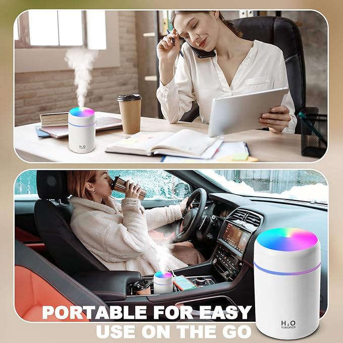 Portable Small Humidifier, 300ml Mini Cool Mist Humidifier, USB Personal Desktop Humidifiers for Baby Bedroom Travel Office Home, Auto Shut-Off, 2 Mist Modes, White