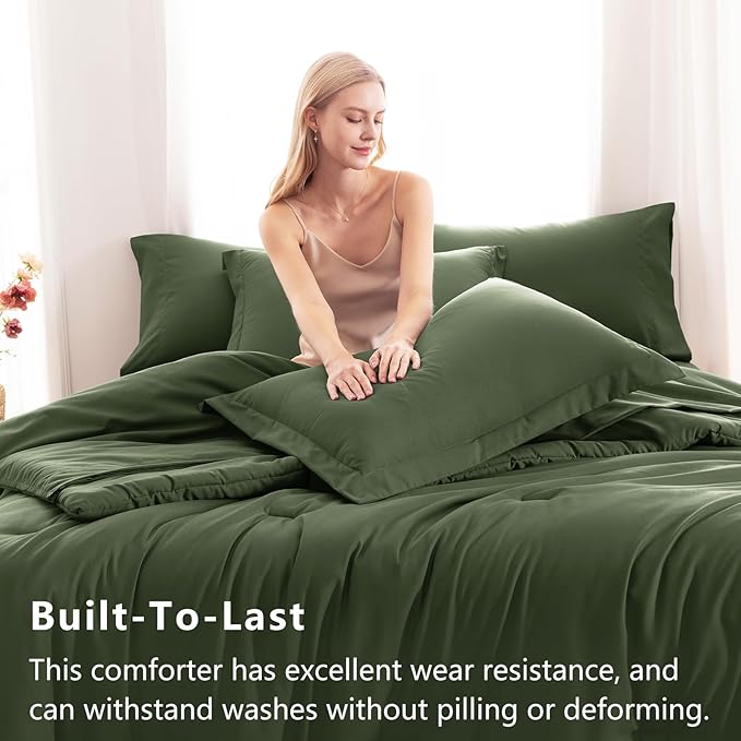 CozyLux Twin Comforter Set Olive Green, 5 Pieces Bed in a Bag Twin Comforter Set with Sheets, All Season Bed Sets with Down Alternative Comforter, Fitted Sheet, Flat Sheet, Pillow Sham and Pillowcase