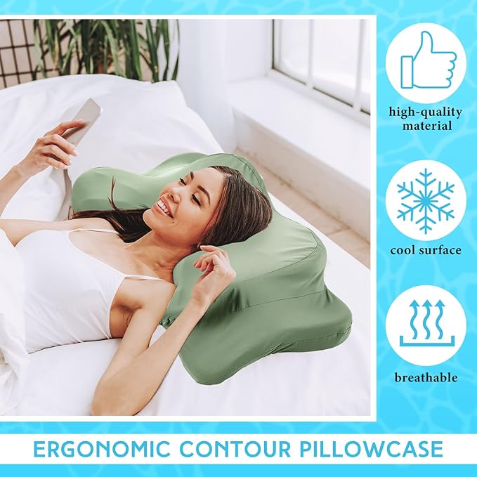 Hahafelt Cooling Cervical Neck Pillowcase Cover (Only Pillow Case) Ergonomic Pillowcase with Zipper Breathable Contour Pillow Cover for Side Back Stomach Sleepers(Saga Green,Queen Size)