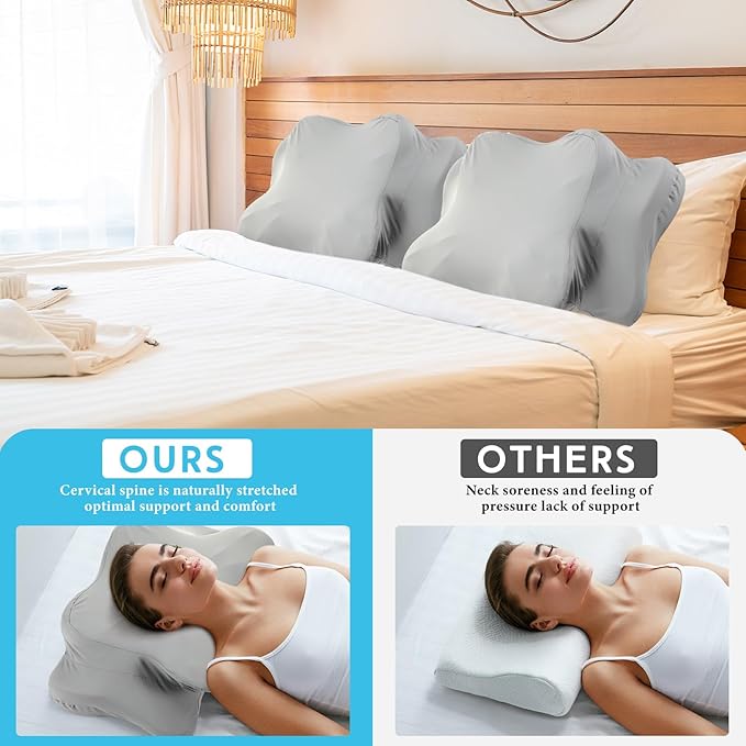 Hahafelt Cooling Cervical Neck Pillowcase Cover (Only Pillow Case) Ergonomic Pillowcase with Zipper Breathable Contour Pillow Cover for Side Back Stomach Sleepers(Gray,Queen Size)