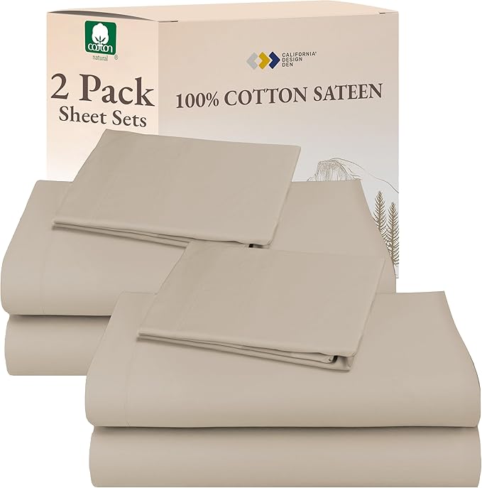 California Design Den 100% Cotton 2-Pack Twin XL Sheet Sets, Soft & Durable Extra Long Twin Sheet Sets with 12" Pockets, Twin XL Sheets with Sateen Sheets - Beige (Warm Taupe)