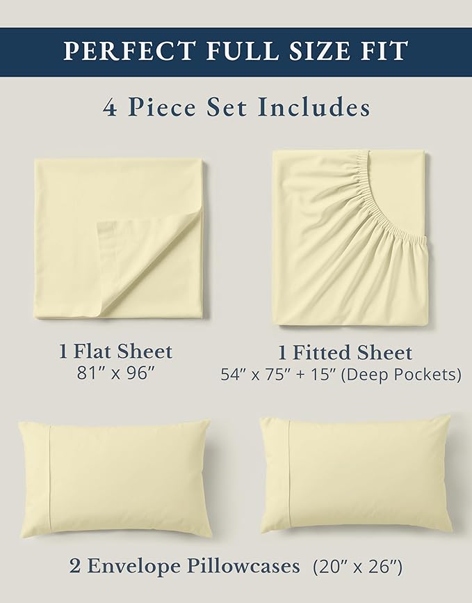 LANE LINEN 100% Organic Cotton Full Size Bed Sheets, Sustainably Produced Okeo Tex Certified Cotton Sheets Full, Luxury Hotel Percale Soft & Comfy Comes in Variety of Colors- Vanilla