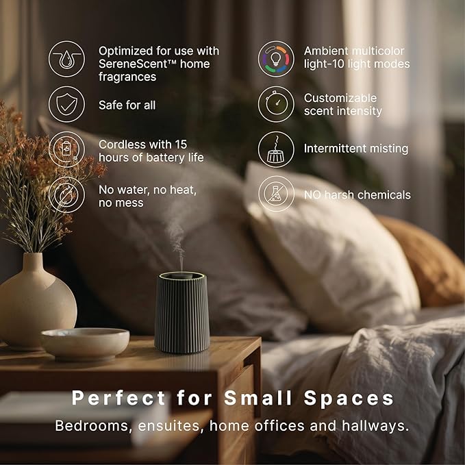 Homedics Waterless Essential Oil Diffuser with 15ml Vanilla Cedarwood Fragrance Oil. SereneScent Cordless Cold Air Scent Diffuser Starter Kit with Ambient Light, Studio 671 (Black)