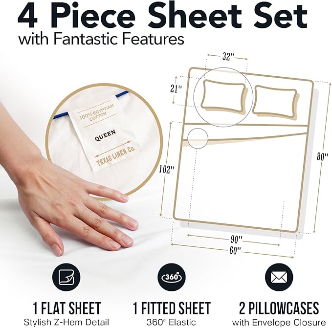 TEXAS LINEN CO. 100% Egyptian Cotton Queen Sheets Set - Luxury 1500 Series Couture Comfortin' Collection Egyptian Cotton Sheets Queen Size Bed Set (4 PC, Dark Grey), 17" Deep Pocket, Hotel Bedding Set