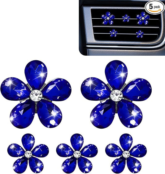 5PCS Bling Daisy Flower Car Air Vent Clips, Car Diffuser Vent Clip, Sparkling Crystal Rhinestone Cute Auto Air Conditioning Clamp, Diamond Air Outlet Clip Decor for Women Girls (Blue)