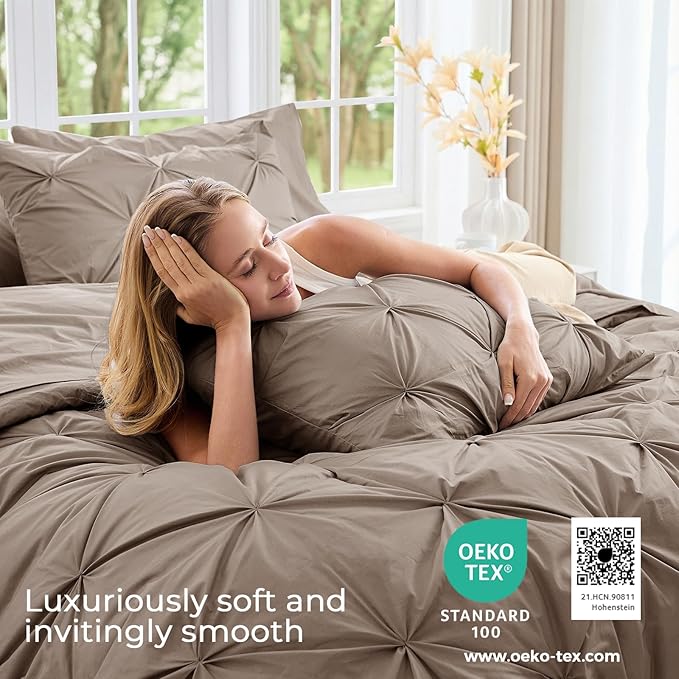 Sasttie King Size Comforter Set, 7-Piece Bed in a Bag, Pintuck Bedding Set for All Season, Includes Comforter, Flat Sheet, Fitted Sheet, Pillowcases and Pillowshams, Dark Linen