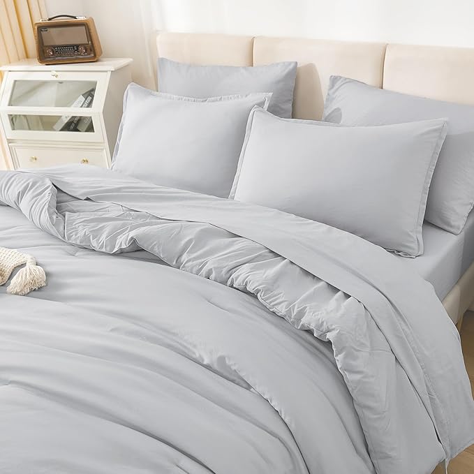 Litanika King Size Comforter Set Light Grey - 7 Pieces Bed in a Bag King Bedding Comforter Sets, Solid Lightweight Bed Set with Comforter, Sheets, Pillowcases & Shams