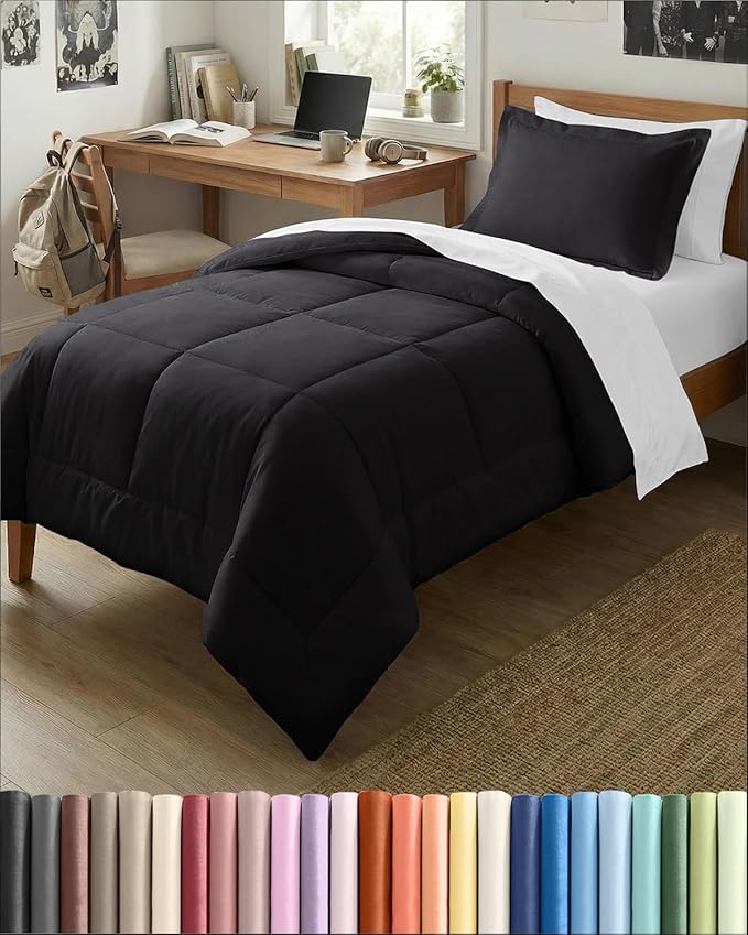 Twin Comforter Set - 2 Piece Bed Set for All Seasons - 1 Soft Quilted Comforter with Corner Tabs & 1 Pillow Sham - Comfy, Cozy & Breathable - Premium Down Duvet Insert - Oeko-TEX - Twin Size, Black