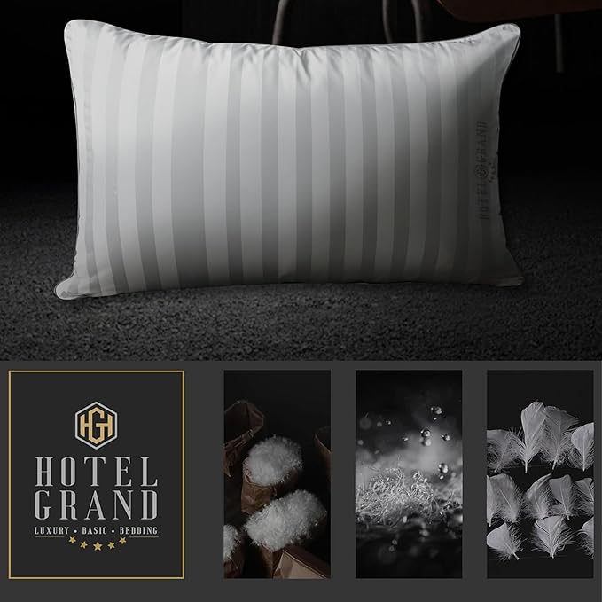 Hotel Grand Bed Pillows Queen Size Set of 2 Packs - 500 Thread Count 100% Cotton Medium Firm Hypoallergenic Feather Down Pillows Machine Washable Pillow for Back, Stomach or Side Sleepers, 20"x28"