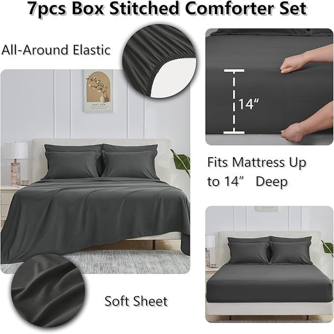 CozyLux Queen Comforter Set Dark Grey - 7 Pieces Bed in a Bag Queen, All Season Breathable Bedding Sets, Oeko-Tex Certified Bed Set with Down Alternative Comforter, Sheets, Pillowcases & Pillow Shams