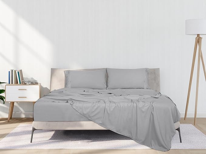 ROYALE LINENS 4 Piece Cal King Sheets Set - Soft Brushed 1800 Microfiber Bedding - 1 Fitted, 1 Flat Sheet, 2 Pillow Cases - Wrinkle Free & Fade Resistant - Hotel Luxury Bed Sheets (Silver, Cal King)