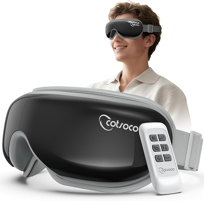 Cotsoco Eye Massager with Heat, Remote, and Compression, Adjustable Foldable Sleep Mask for Relaxing Eyes and Better Sleep, Migraine Relief Device, Birthday Gifts for Women Men Her Him-Black