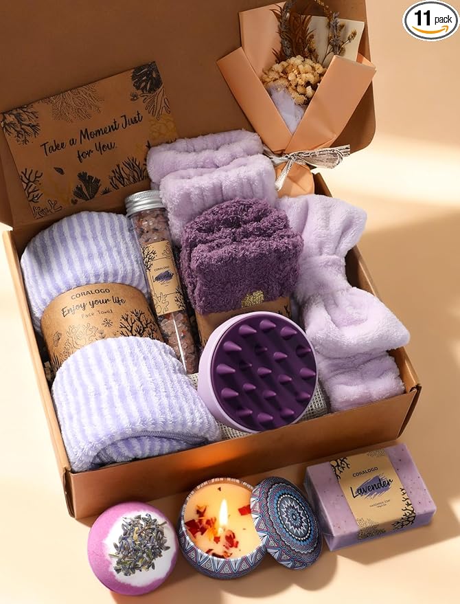 Lavender Spa Gift Baskets - Mothers Day Gifts Natural Pampering Spa Set, Self-Care Get Well Soon Basket,Thank You Gifts, Unique 11pcs Gift Set for Women Wife Mom Her Birthday