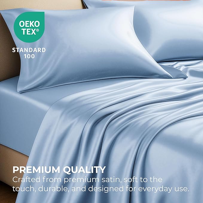 Satin Sheets Full [4-Piece, Baby Blue] Hotel Luxury Silky Bed Sheets - Extra Soft 1800 Microfiber Sheet Set, Wrinkle, Fade, Stain Resistant - Deep Pocket Fitted Sheet, Flat Sheet, Pillow Cases