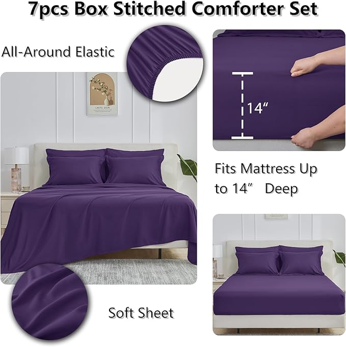 CozyLux King Size Comforter Set Purple - 7 Pieces Bed in a Bag King, Okeo-Tex Certifited Bedding Set, All Season Soft Bed Set with Down Alternative Comforter, Sheets, Pillowcases & Pillow Shams