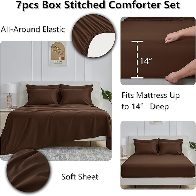 CozyLux Oversized Queen Comforter Sets Brown, 7 Pieces Bed in a Bag, 98x98 Box Stitched Design Bedding Set, All Season Soft Bed Set with Down Alternative Comforter, Sheets, Pillowcases & Shams