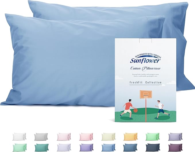 Sunflower Queen Pillowcases Set of 2, 100% Cotton Queen Size Pillow Cases 2, 20×30 inches Placid Blue, Soft and Breathable