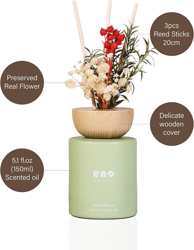 Reed Diffuser Set with Dried Flowers, 5.1oz Essential Oil Home Fragrance, Long Lasting Air Freshener for Bathroom Shelf Decor, Housewarming Gift, Moso Bamboo Scent
