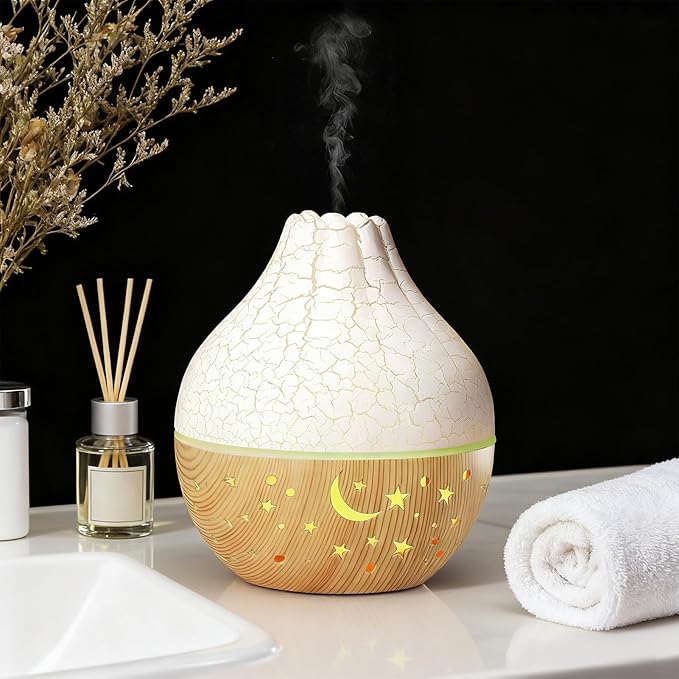 Air Diffuser Humidifier, Silent Ultrasonic Mini USB Humidifier, Aromatherapy Diffuser with Auto Shut Off Loop Lighting Wood Grain Design for Home Office Bedroom Spa (White Crack Light Wood