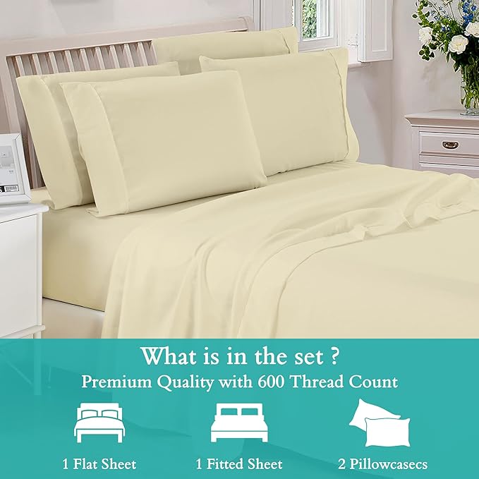 Cal-King 4 Pc Sheet Set 600 TC Sheets Cal-King Size Cotton Sheets for Cal-King Size Bed Sateen Long Staple Deep Pockets Flat Fitted Pillow Case Better Than Percale Hotel Quality Ivory