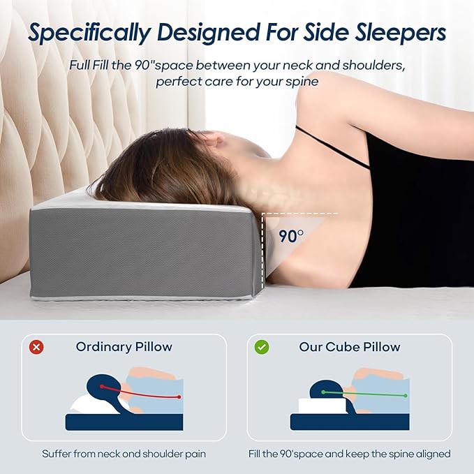 Kehangte Cooling Cube Pillow for Side Sleepers, Square Memory Foam Side Sleeper Pillow Firm Soft Double-Sided Supportive, Support Head Neck Shoulder for Pain Relief Cervical Pillow, 24"x12"x6"