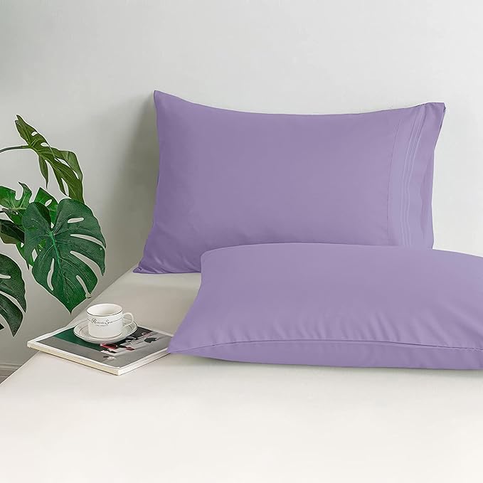 Mocassi 2-Piece Premium King Pillowcase Set 1800 Series Hotel Quality Microfiber - Soft and Breathable with 3-Line Embroidery Wrinkle and Stain Resistant, Easy Care, 20" x 40", Lavender