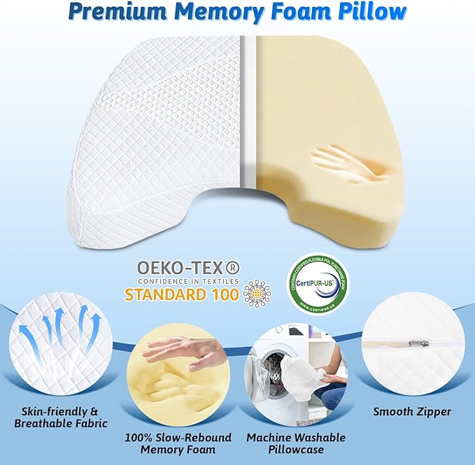 Side Sleeper Pillow with Arm Hole, Shoulder Relief System, Arm Pillow for Neck and Shoulder Pain, Premium Memory Foam, Suitable for Side, Back and Stomach Sleepers - White, 7.1in Height