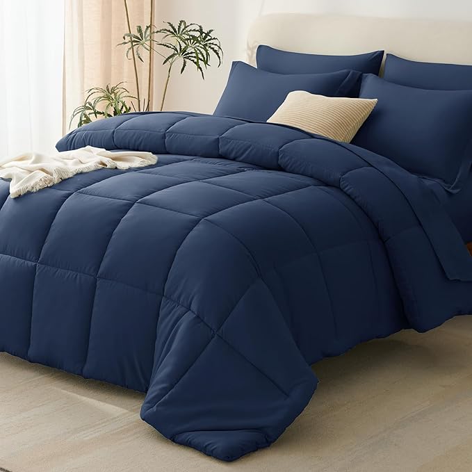 CozyLux Oversized Queen Comforter Sets Navy Blue, 7 Pieces Bed in a Bag, 98x98 Box Stitched Design Bedding Set, All Season Soft Bed Set with Down Alternative Comforter, Sheets, Pillowcases & Shams