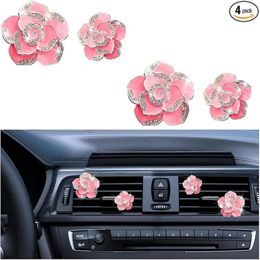 4PCS Bling Car Air Vent Clips, Flower Shiny Rhinestone Clip-on Vehicle Air Outlet Clamp, Sparkly Diamond Auto Interior Vent Decoration Clip, Universal for SUV Automobile Truck (Rose Red)