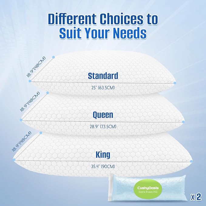 CushyOasis Shredded Memory Foam Pillow for Sleeping, Cooling Bed Pillows Set of 2, Adjustable Pillows for Side, Back, Stomach Sleepers with Washable Pillowcase (Standard Size, Grey)