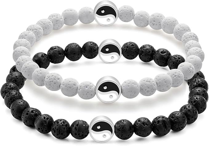 Wild Essentials 2 Bracelet Set, Yin Yang Lava Stones, White, Black, Expandable up to 8 inches, Aromatherapy Jewelry for Women, Men, Best Friends, His and Hers, Essential Oil Diffuser, Grounding Calm