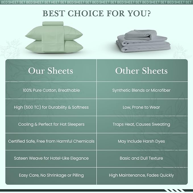 Feather & Stitch 500 TC Queen Size 4pc Damask Bed Sheet Set, 100% Soft Cotton Breathable Bedsheets, 18" Deep Pockets Sateen Weave Striped Bedding Mattress Resort Hotel Luxury Decor - (Soft Sage)