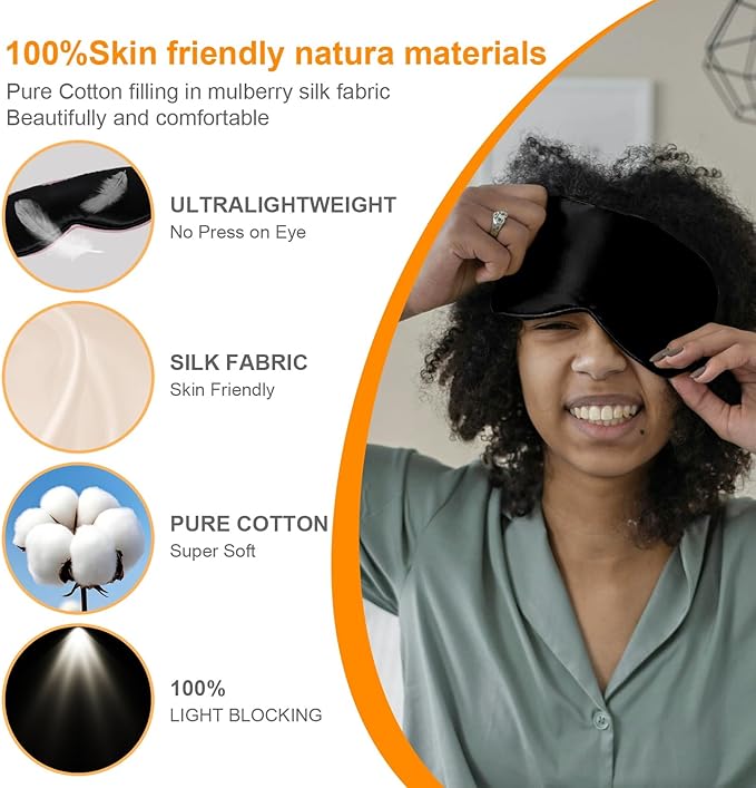 Silk Sleep Mask, Black, Adjustable Strap for Light Blocking, Travel Rest, Puffy Eyes Relief, Single Pack (Black)