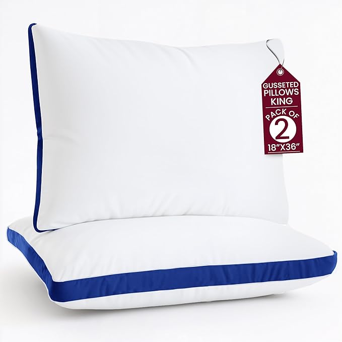 LUX Décor Gusseted Style Soft Hotel Pillows Set of 2 – for Side, Stomach & Back Sleepers - Down Alternative Hotel Bed Pillows – 100% Microfiber Cover, Virgin PSF Fill – Blue, King 36x18