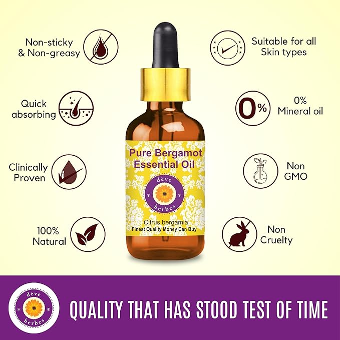 Deve Herbes Pure Bergamot Essential Oil (Citrus bergamia) with Glass Dropper Natural Therapeutic Grade Steam Distilled 10ml (0.33 oz)