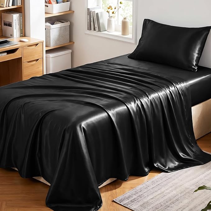 CozyLux Satin Sheets Twin Sheet Set - 3 Piece Silky Twin Bed Sheets, Luxury Black Sheet Twin Size Bed Set with Smooth and Soft Microfiber, Includes 1 Fitted Sheet, 1 Flat Sheet and 1 Pillowcase